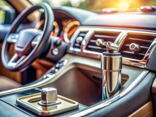 Obraz premium A shiny metal cigarette lighter is plugged into a car's dashboard outlet, surrounded by dashboard controls and a