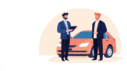 Obraz premium Agent explaining car insurance policy benefits, customer interaction, flat design illustration