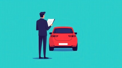 Car insurance policy review, customer reading document, flat design illustration