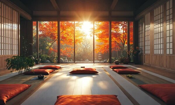 Japanese dojo interior design and bonsai 4k looping virtual overlay video animation