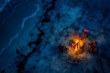 Aerial View of Bonfire on Beach at Night