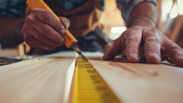 Close-up of construction worker's hands measuring wood, precision tools, natural lighting, focused work