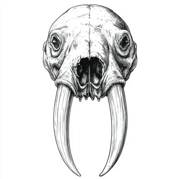 recommend clip art: Black and white Vintage engraved art of a walrus skull with tusks, isolated on white background, ink sketch illustration, simple vector art design, highly detailed line art, high contrasty