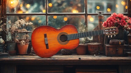 Fototapeta premium A rustic guitar rests on a wooden table by a window with plants.