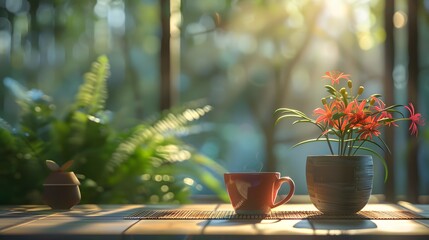 Morning tranquility in a Zen garden, a single coffee cup and a flower pot on a table, illuminated by the rising sun