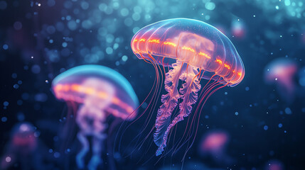 Naklejka premium Glowing jellyfish in deep blue ocean, illuminating their surroundings, underwater glowtime, captivating and surreal marine life