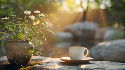 Morning tranquility in a Zen garden, a single coffee cup and a flower pot on a table, illuminated by the rising sun