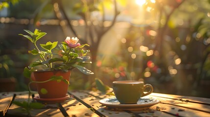 Morning tranquility in a Zen garden, a single coffee cup and a flower pot on a table, illuminated by the rising sun