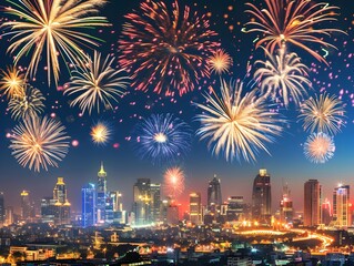 Fototapeta premium Nighttime Fireworks Display over a Cityscape