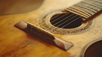 Fototapeta premium Close-up of an acoustic guitar showcasing its strings and body.