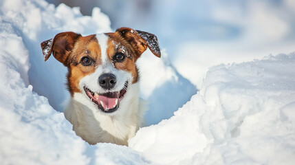 Happy dog playing in snow in winter