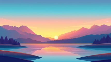 Tranquil Evening Serenity, a picturesque lake surrounded by lush green grass, majestic mountains, and a serene forest, ideal for banners, cards, or prints.