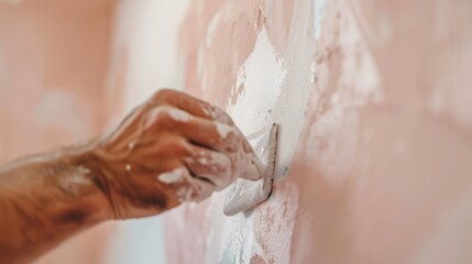 Decorator enhancing apartment interiors, skilled hand smoothing wallpaper with precision tool, transforming living space, home renewal in progress, attention to detail evident.