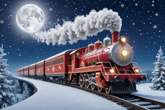 a magical Christmas polar train filled with Christmas decorations and snowflakes, traveling through a snowy landscape under the moonlight. Christmas tradition and festivity concept 