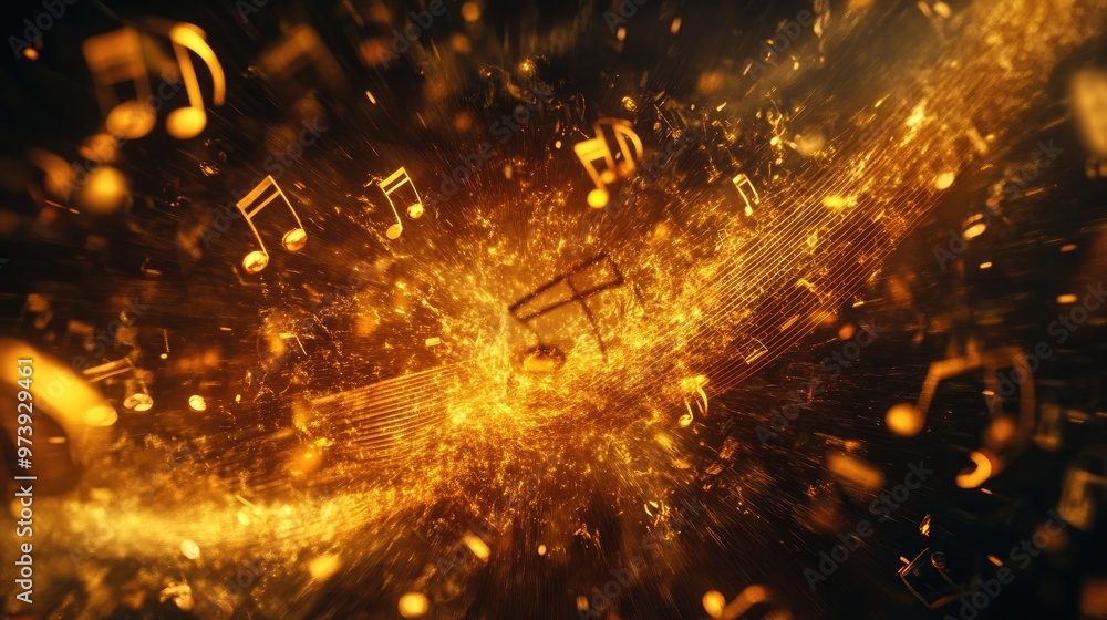 Poster a dynamic image of golden music notes swirling and colliding, creating a sense of energy.