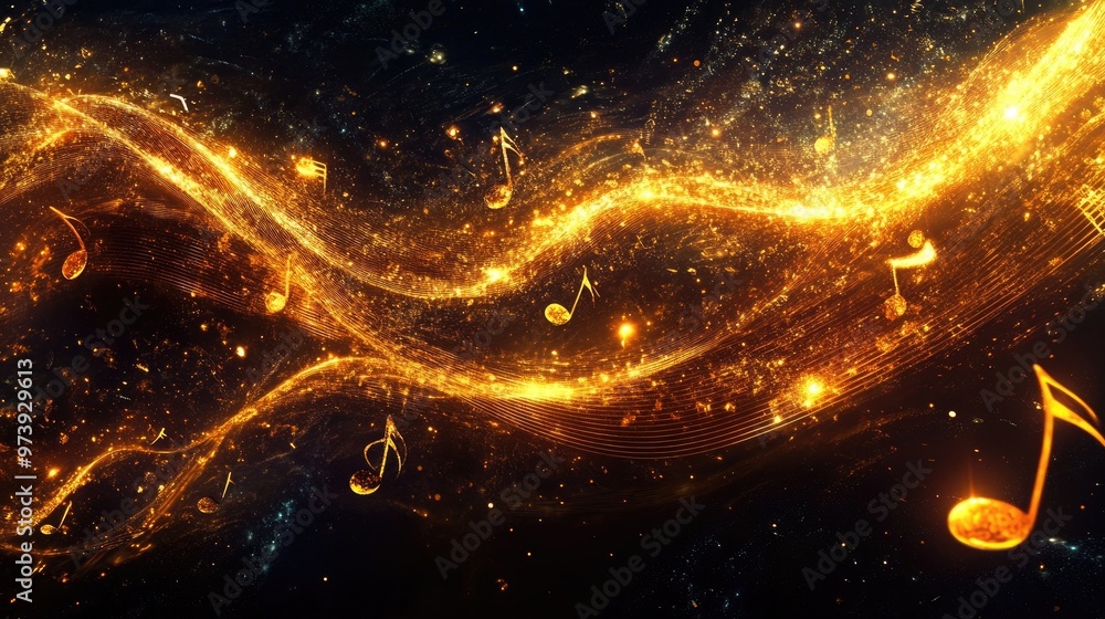Poster a dynamic image of golden music notes swirling and colliding, creating a sense of energy.