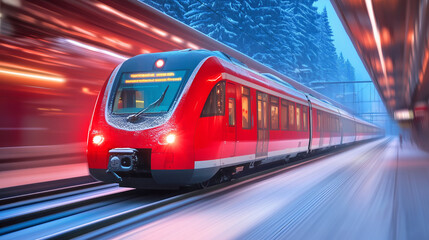Snow-covered train travels through a winter landscape at a railway station during early morning