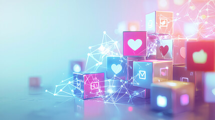 Fototapeta premium An abstract social media concept featuring stacked blocks with icons for followers, likes, and notifications, connected by glowing networks, set against a minimal light-colored background 