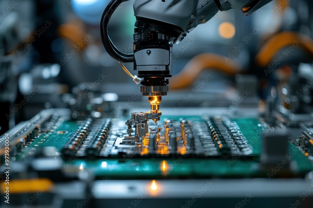 Poster a close-up of a robotic arm assembling delicate components, symbolizing ai's precision and efficienc