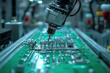Tech Assembly. Robotic arm assembling green circuit board in electroni
