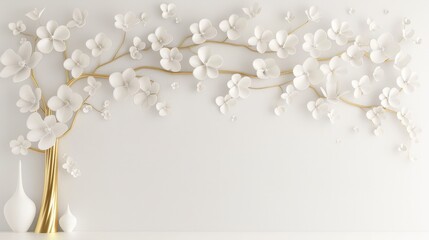 Elegant floral tree design showcasing delicate white flower leaves and a shimmering golden stem, perfect for enhancing interior spaces with a touch of nature's beauty.