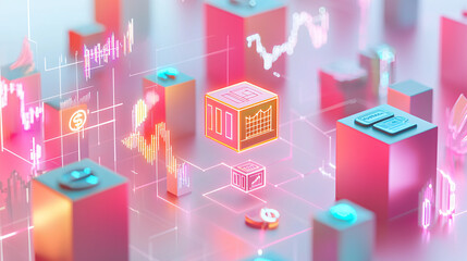 A 3D-rendered scene of cubes showing financial icons such as cash reserves, real estate, and portfolios, glowing lines connecting them, set against a minimalist pastel surface 