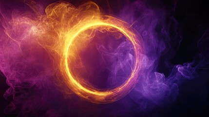 A futuristic digital art piece featuring a vibrant purple and yellow smoke circle with geometric elements