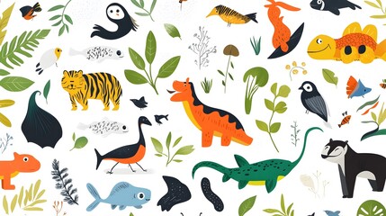 Colorful Animal and Plant Pattern on White Background