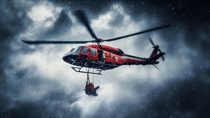 A rescue helicopter operates in a stormy sky, showcasing bravery and urgency in life-saving missions.