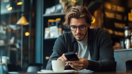 Young professional at a cafe, paying for coffee with a digital wallet, demonstrating the efficiency of mobile transactions and contemporary payment solutions