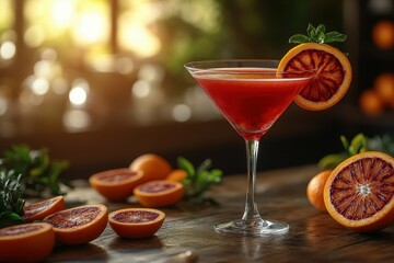 Cocktail Blood Orange Martini bright red colored placed on the right side of the table with blood orange slices on the table. Blurred bar with sunlight in the background.