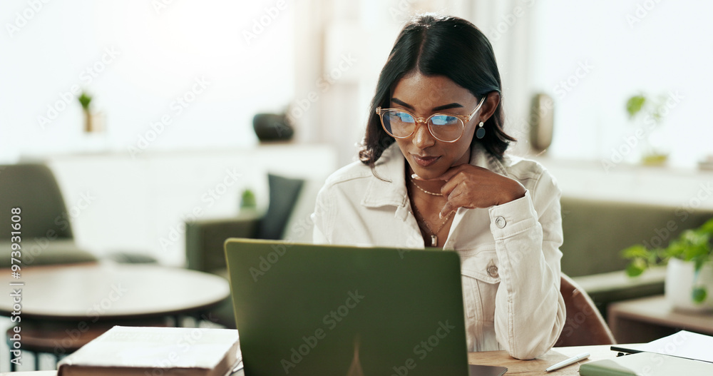 Canvas Prints Business woman, working and laptop in office with public relations project and press release update. Tech, professional and digital information with planning and online review for media research