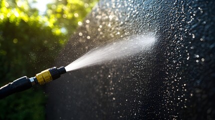 Weathered wall with grime being blasted off by a high-pressure washer, revealing clean patches in contrast, water droplets glistening in the sunlight, Realistic, High detail
