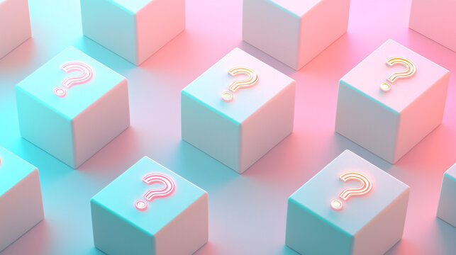 Abstract 3D cubes showcasing question icons, representing curiosity and inquiry, linked by subtle glowing points on a plain pastel-colored background 