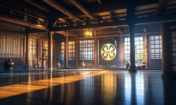 interior design of dojo in the middle, japan, looping 4k virtual overlay video animation