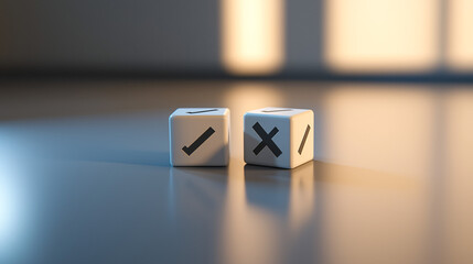 A pair of 3D blocks featuring contrasting choice symbols, such as a checkmark and an "X", placed side by side on a clean, smooth surface with soft lighting 
