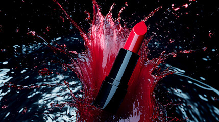 Fototapeta premium creative shot of a liquid lipstick bottle with a splash effect, emphasizing its fluid