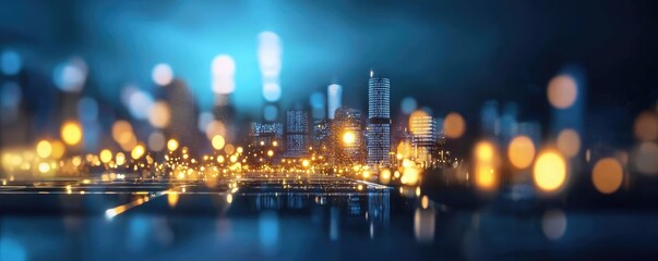 A blurred city skyline illuminated by vibrant lights, creating a dreamy atmosphere with a modern, vibrant aesthetic.