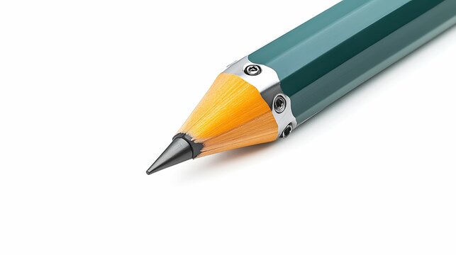 Precise close-up of a wooden drawing pencil with metal components on a white background.