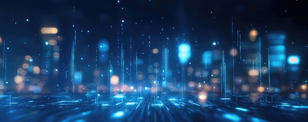 A futuristic blue digital landscape with glowing lights, perfect for technology and innovation themes.