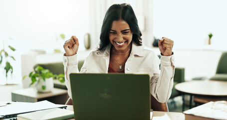 Remote work, woman and excited at laptop for win, company growth and good news in email. Virtual...