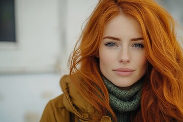 Fototapeta premium Outdoor portrait of a red-haired woman in a winter coat