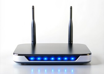A sleek, modern, and compact broadband device with blinking lights and antennae, connected to a router, against a