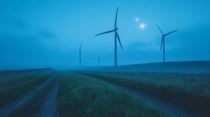 Obraz premium Vast night sky filled with twinkling stars over a quiet field of wind turbines, the moonlight reflecting softly on their rotating blades