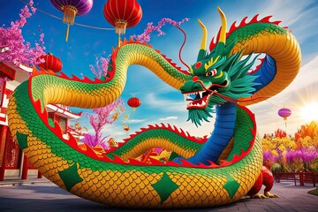 Vibrant New Year Celebration with a Bold Chinese Dragon Coiled Around Dynamic Landscape