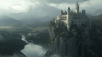 A fantasy castle perched on a cliff, with 3D effects adding depth to the stonework and surrounding landscape, creating a magical and epic setting