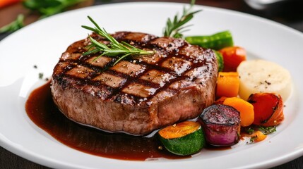 A juicy grilled beef steak, drizzled with a rich sauce and served with colorful vegetables