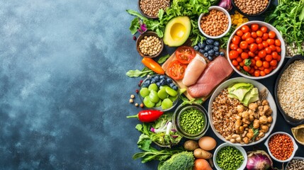 A balanced meal layout with colorful vegetables, lean proteins, and whole grains, representing healthy eating habits.