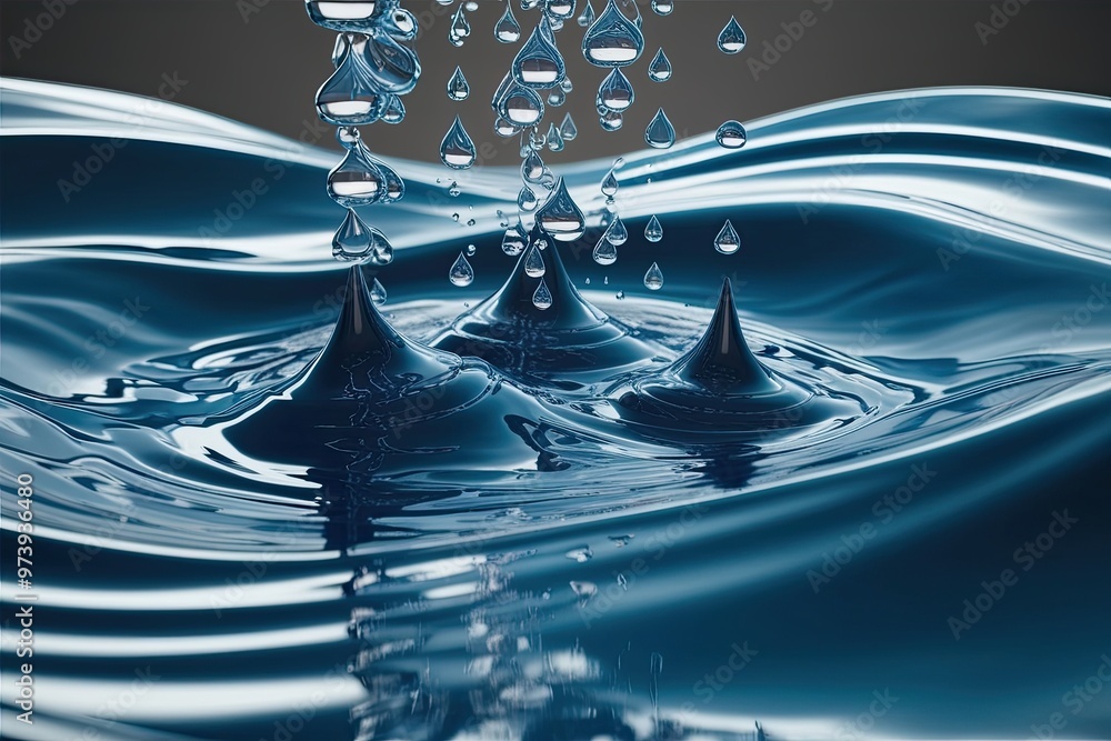 Poster 3d visualization of smooth cascading water droplets with reflective wave effects
