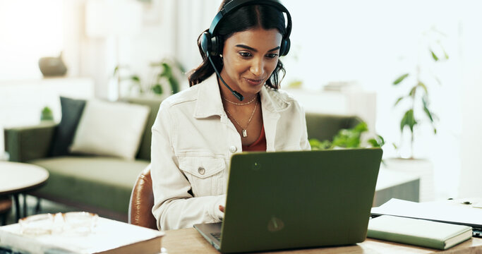 Woman, laptop and support with headphones in call centre for customer service, telemarketing and sale agent. Pride, advisor and headset for communication, client questions or e commerce advice of faq